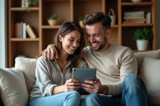 Couple souriant dans un salon cosy avec tablette