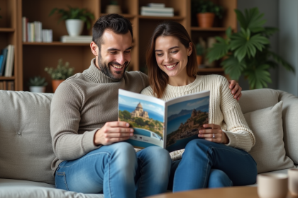 Couple souriant lisant un magazine de voyage dans un salon moderne