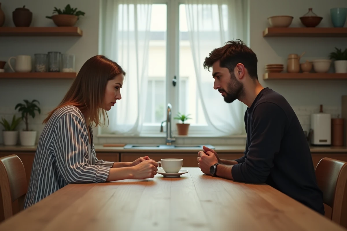 Couple en silence à une table de cuisine incarnant la distance et la trahison dans une relation amoureuse