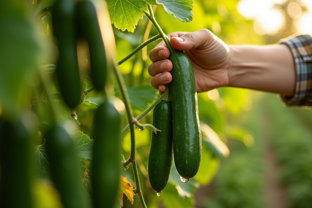 Mains de jardinier récoltant des concombres mûrs dans un jardin ensoleille