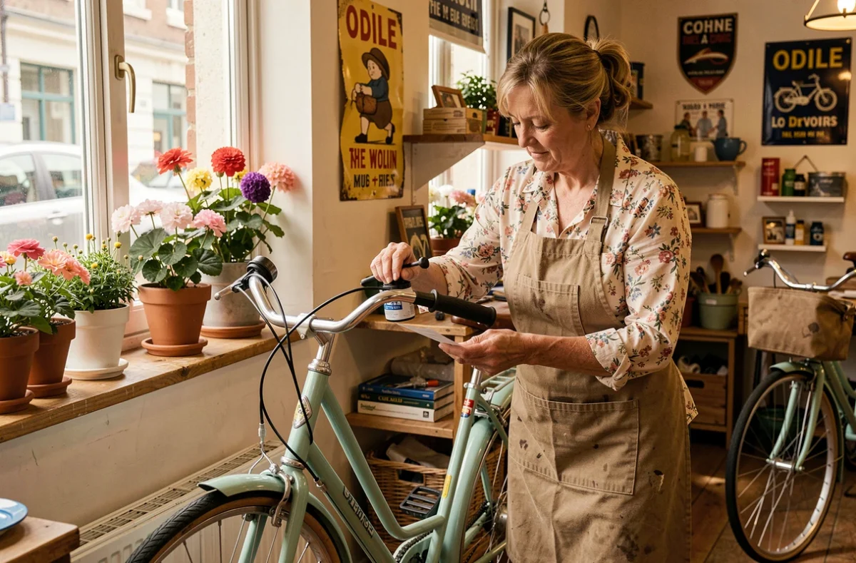 Propriétaire de Cycles Odile huilant la chaîne d'un vélo de ville dans sa boutique familiale chaleureuse
