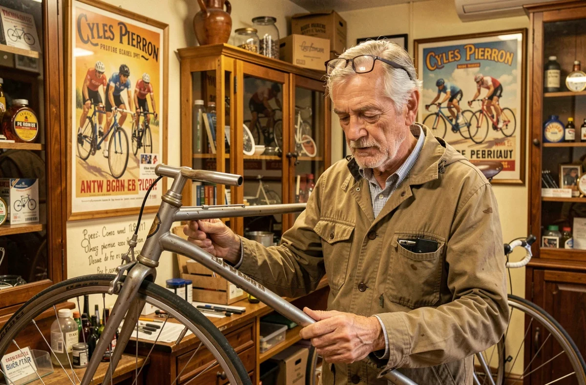 Propriétaire de Cycles Pierron inspectant un cadre de vélo vintage dans une boutique traditionnelle