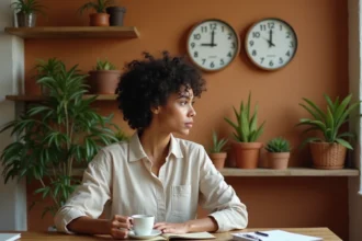 Femme regardant deux horloges murales indiquant l'heure de Paris et de Cayenne en Guyane, illustrant le décalage horaire