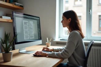Designer utilisant Figma sur un grand écran avec des blocs de texte Lorem Ipsum dans une interface de wireframe