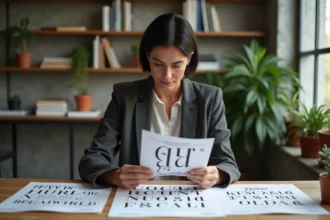 Designer étudiant des fiches typographiques de la police Helonia Neue dans un studio moderne