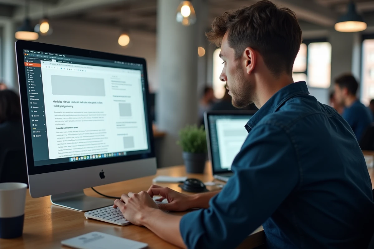 Développeur WordPress travaillant sur un éditeur de blocs avec du contenu Lorem Ipsum dans un espace de coworking