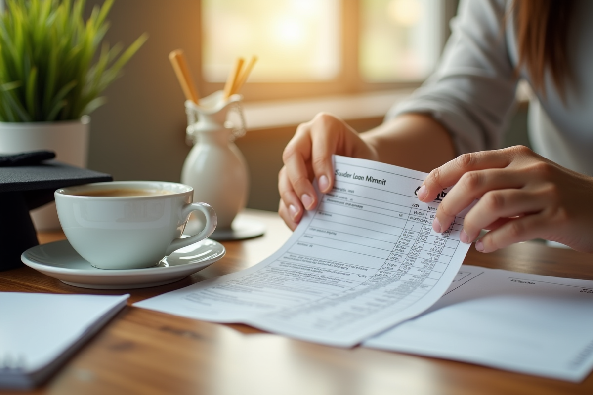 Mains déchirant un relevé de prêt étudiant sur un bureau moderne