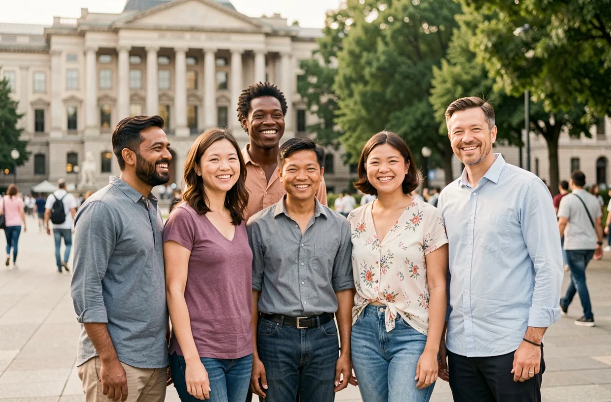 Groupe multiculturel d'adultes souriants dans une place publique symbolisant la diversité démographique des pays les plus peuplés du monde