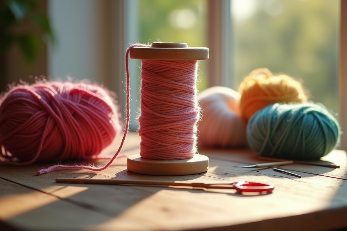 Table en bois avec un dévidoir à laine et écheveaux colorés