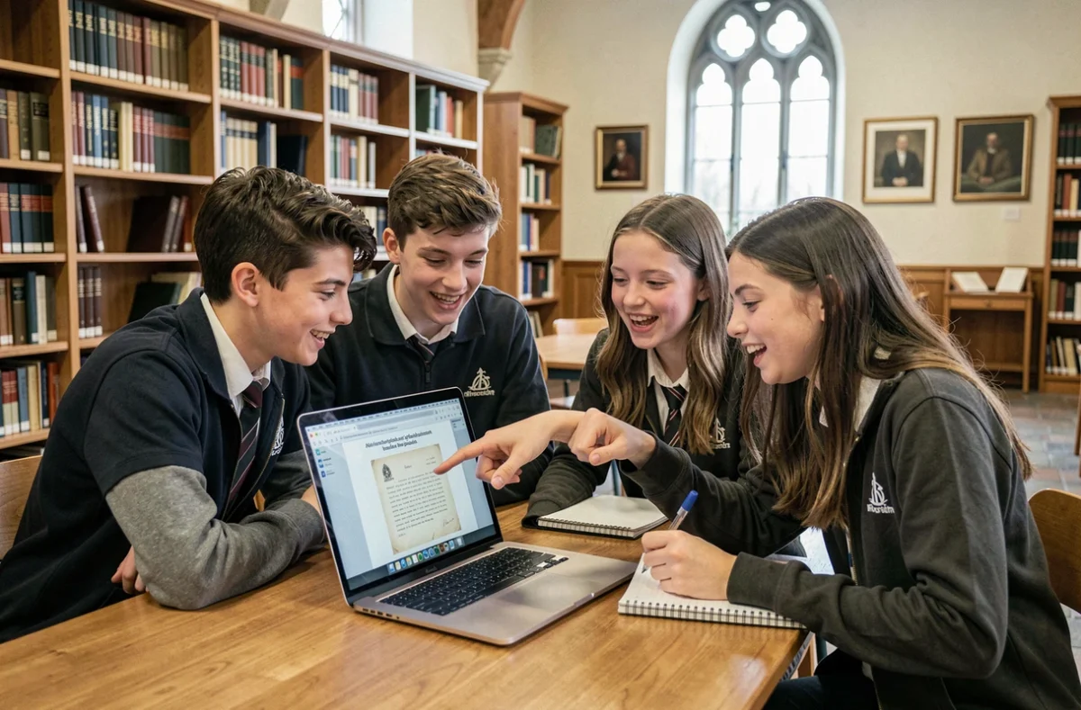 Groupe d'élèves lycéens découvrant une lettre générée par napoleonseries.com sur un ordinateur portable en bibliothèque scolaire