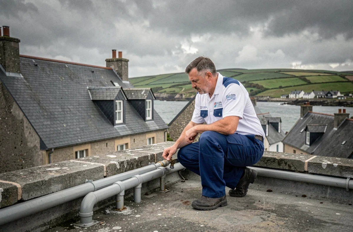 Plombier d'Elorn Plomberie Chauffage inspectant des canalisations extérieures sur un toit en nord Finistère avec paysage breton en arrière-plan