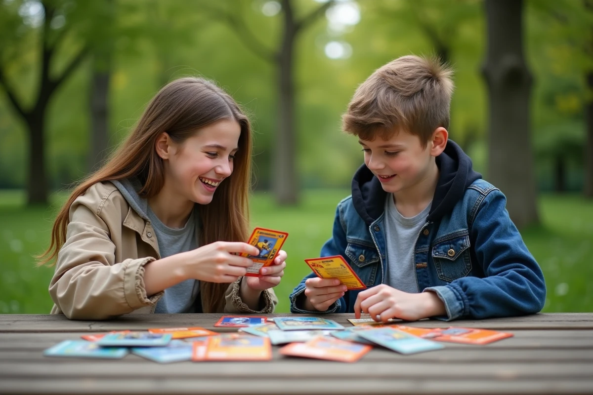 Adolescents échangeant des cartes Pokémon dans un parc en plein air