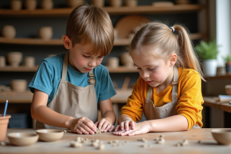 Deux enfants façonnent de la pâte à modeler dans un atelier