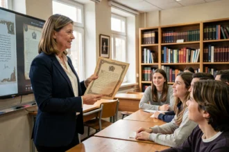 Enseignante tenant une lettre imprimée de style napoléonien devant un écran de classe avec un générateur de courrier historique