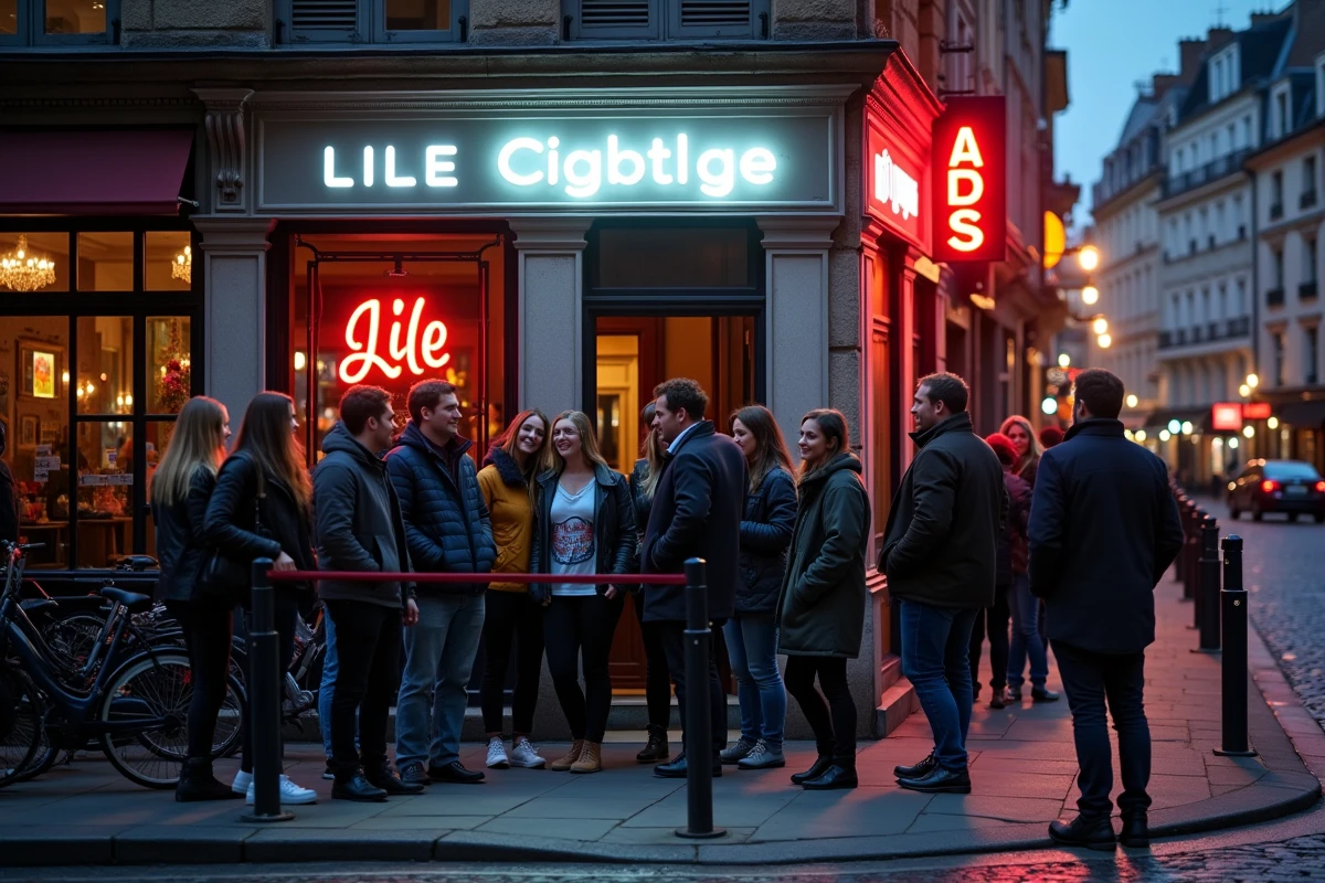 File d'attente détendue devant l'entrée d'une boîte de nuit à Lille la nuit sur rue pavée