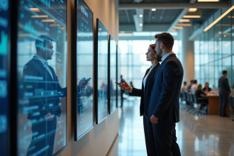 Femme d'affaires et technicien analysant un tableau digital d'énergie