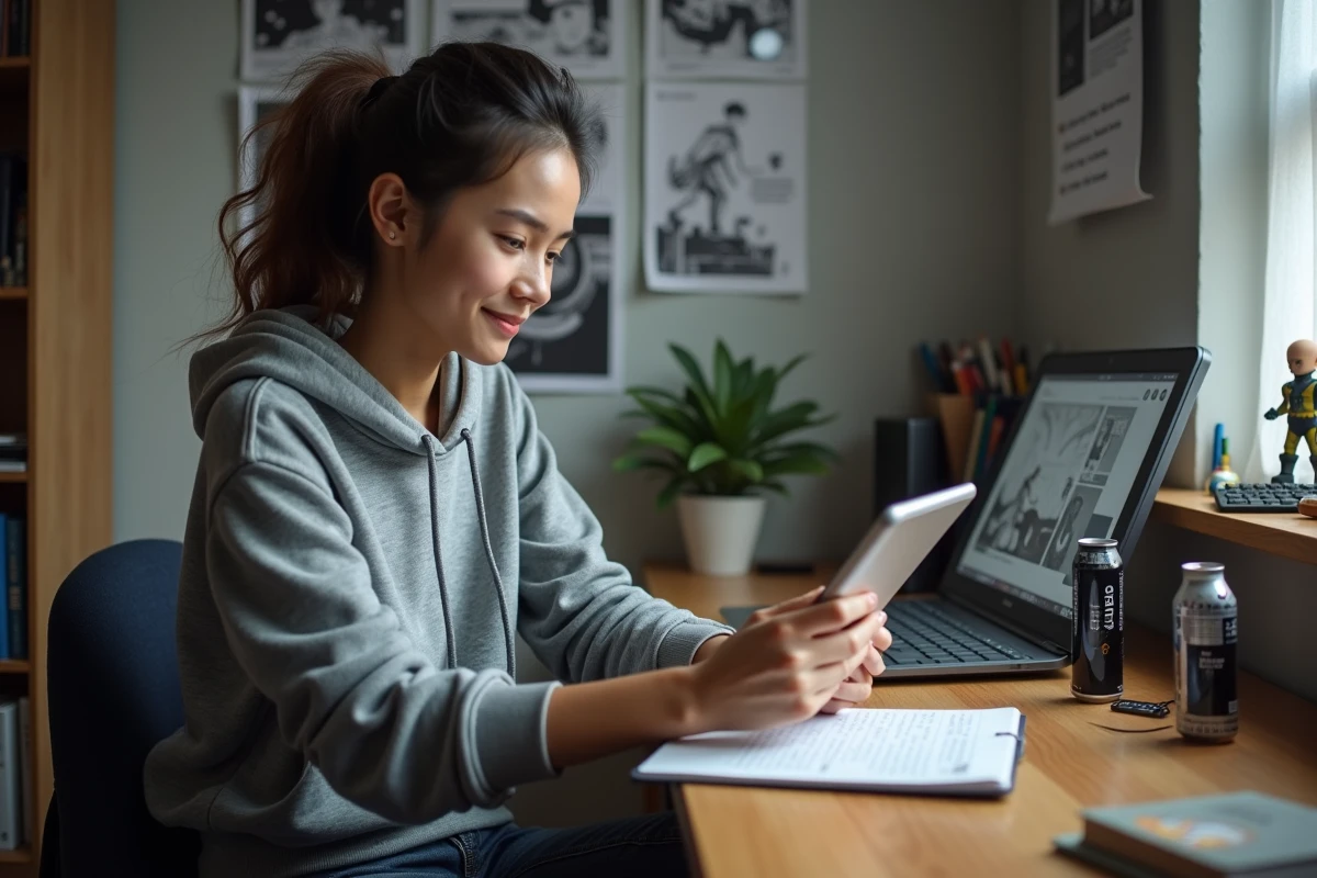 Étudiante lisant un scan manga sur tablette dans une chambre universitaire