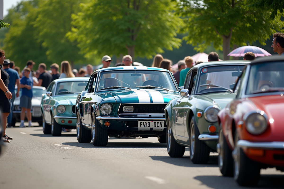 Exposition de voitures anciennes et modernes en plein jour