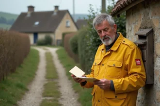 Facteur rural en uniforme jaune consultant une enveloppe devant une boîte aux lettres en pierre au bord d'un chemin de campagne français
