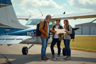 Famille de quatre personnes souriante devant un Cessna 172 sur un petit aérodrome régional, parents et adolescents avec bagages consultant une carte de navigation aérienne