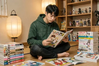 Jeune fan de manga lisant un tome de Demon Slayer entouré de sa collection dans une chambre japonaise
