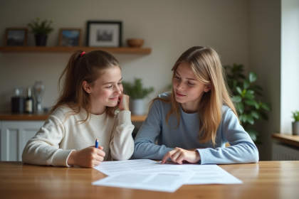 Femme et adolescente lisant des documents à la cuisine
