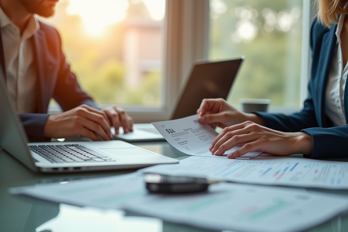 Femme d'affaires examinant une fiche de paie dans un bureau lumineux