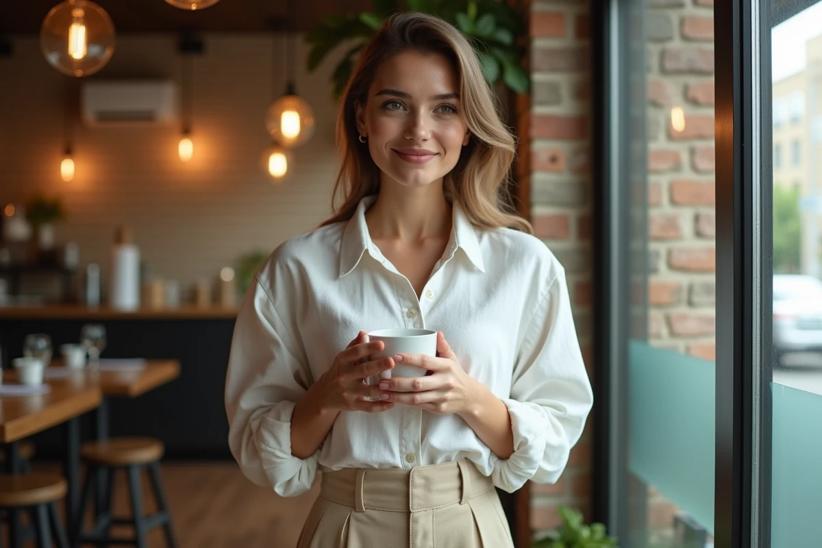 Femme amoureuse transie dans un café tenant une tasse, regardant avec timidité et tendresse vers une personne hors champ