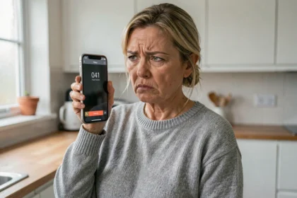 Femme agacée regardant un appel entrant suspect avec l'indicatif 41 sur son smartphone dans une cuisine moderne