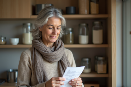 Femme française examine un reçu dans sa cuisine moderne