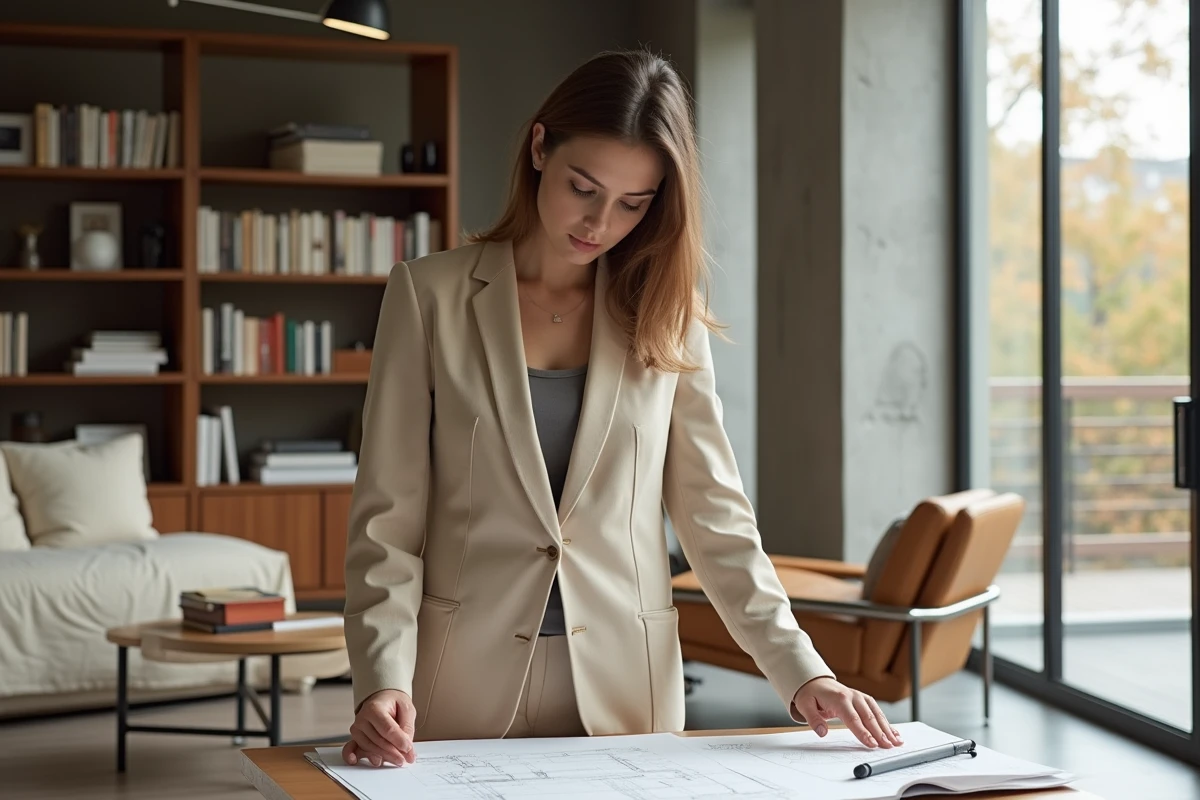 Femme en tailleur beige examinant des esquisses architecturales