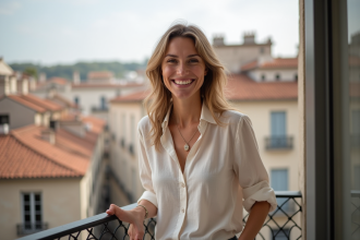 Femme souriante sur le balcon avec vue sur Montpellier