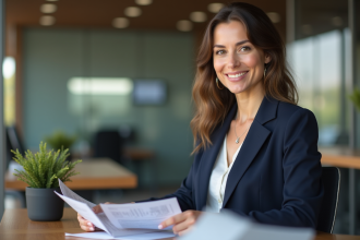 Femme professionnelle en banque examinant des documents de prêt immobilier