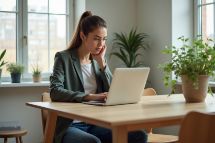 Jeune femme en blazer dans un appartement lumineux