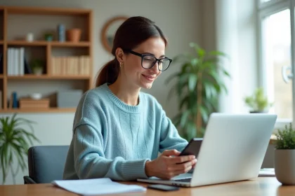 Femme au bureau à domicile avec ordinateur et smartphone