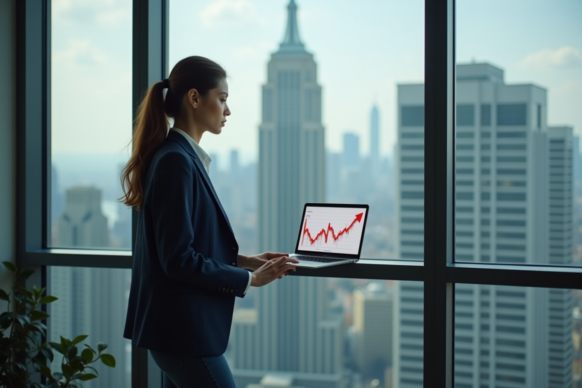 Jeune femme regardant des graphiques en baisse sur son ordinateur