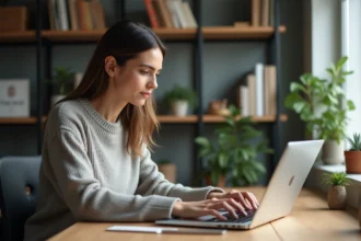 Femme concentrée travaillant sur son ordinateur dans un bureau moderne