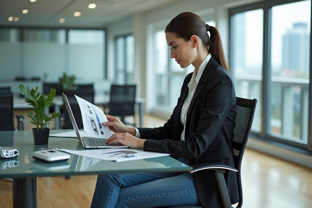 Jeune femme au bureau consulte un magazine automobile