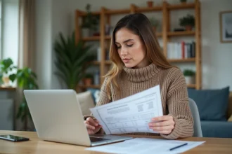 Femme au bureau moderne travaillant sur un formulaire de remboursement