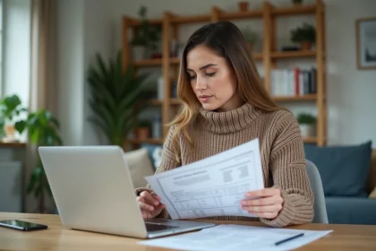 Femme au bureau moderne travaillant sur un formulaire de remboursement