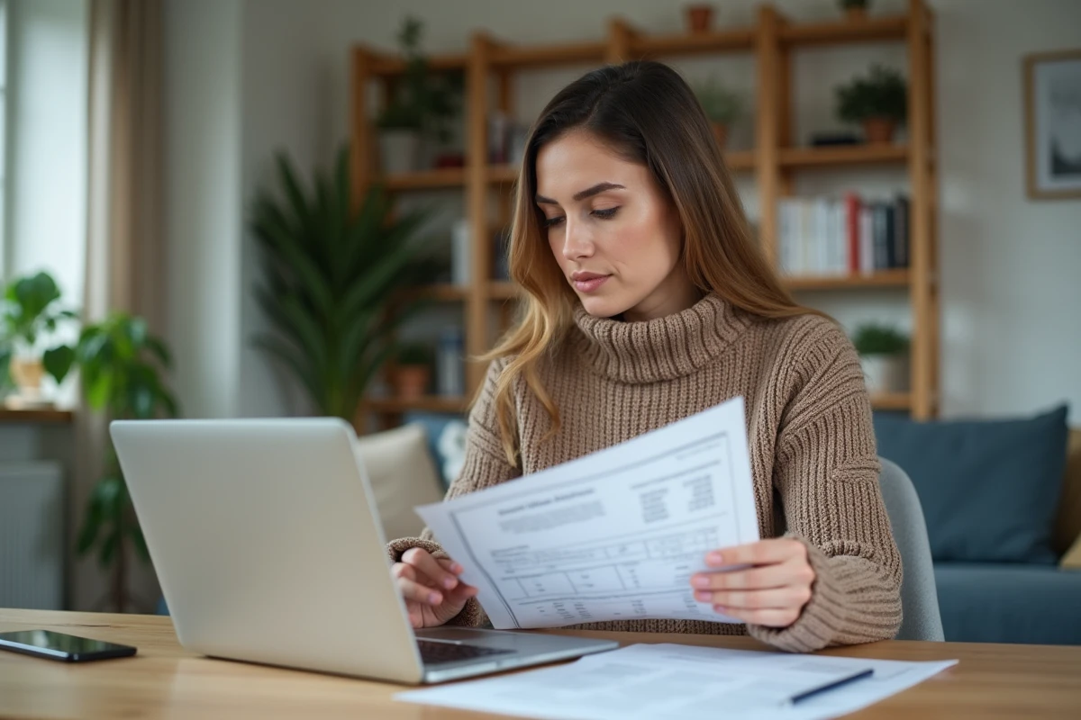 Femme au bureau moderne travaillant sur un formulaire de remboursement