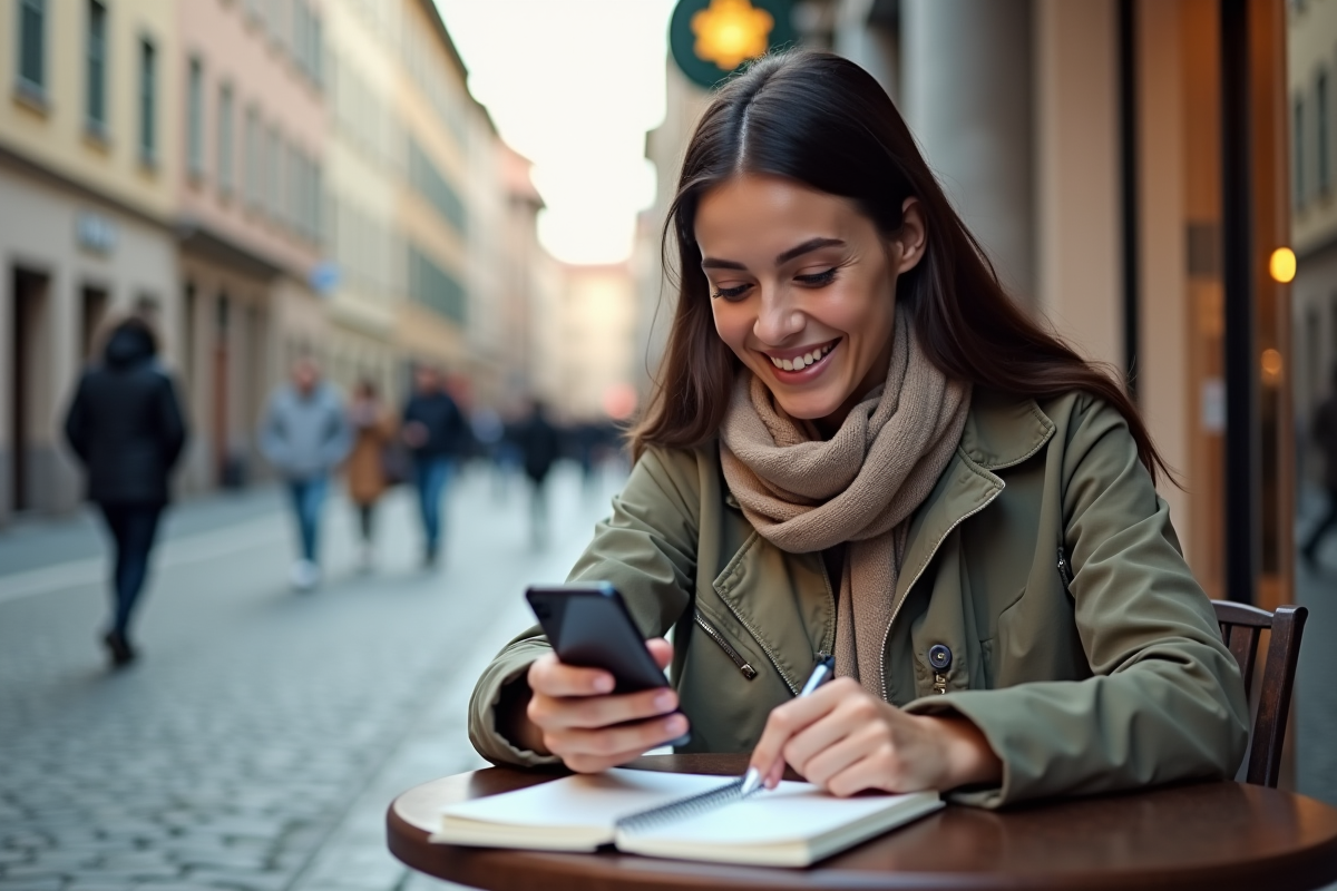 Jeune femme souriante au café avec smartphone et carnet