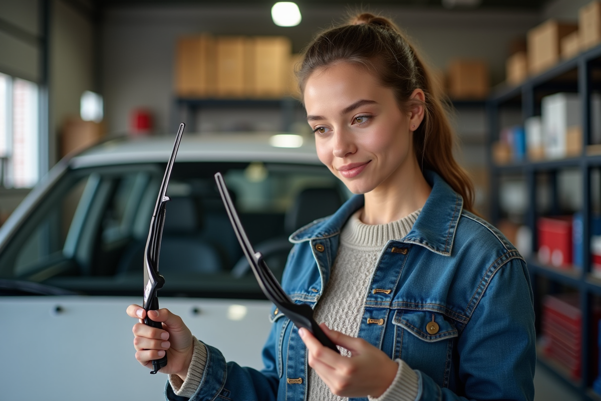 Jeune femme comparant des balais d
