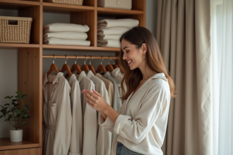Femme stylée choisissant des vêtements dans une garde-robe organisée