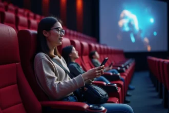 Jeune femme dans un cinéma 4DX ajuste son sac à l'épaule