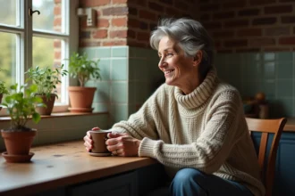 Femme d'âge moyen dans une cuisine chaleureuse avec mug