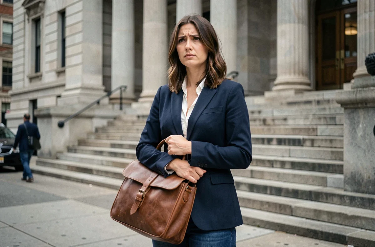 Femme debout devant un palais de justice tenant un cartable, exprimant l'inquiétude avant une audience pour vol