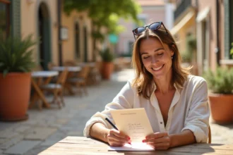 Femme écrivant une carte postale de vacances en terrasse de café dans un village méditerranéen