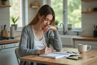 Femme en cardigan écrivant dans un journal à la maison