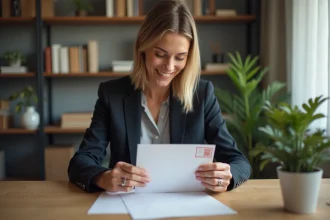Femme en train d affixer une étiquette d envoi à domicile
